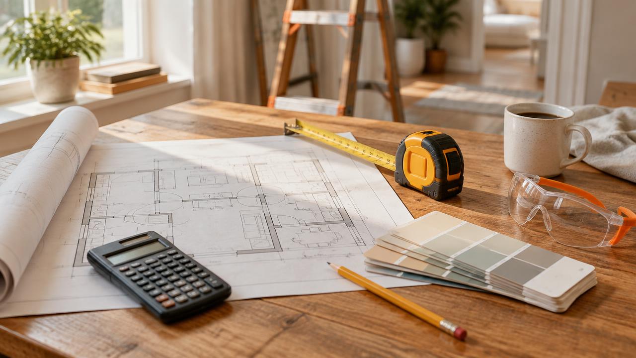 Floor plan, calculator and renovation material samples on a planning table